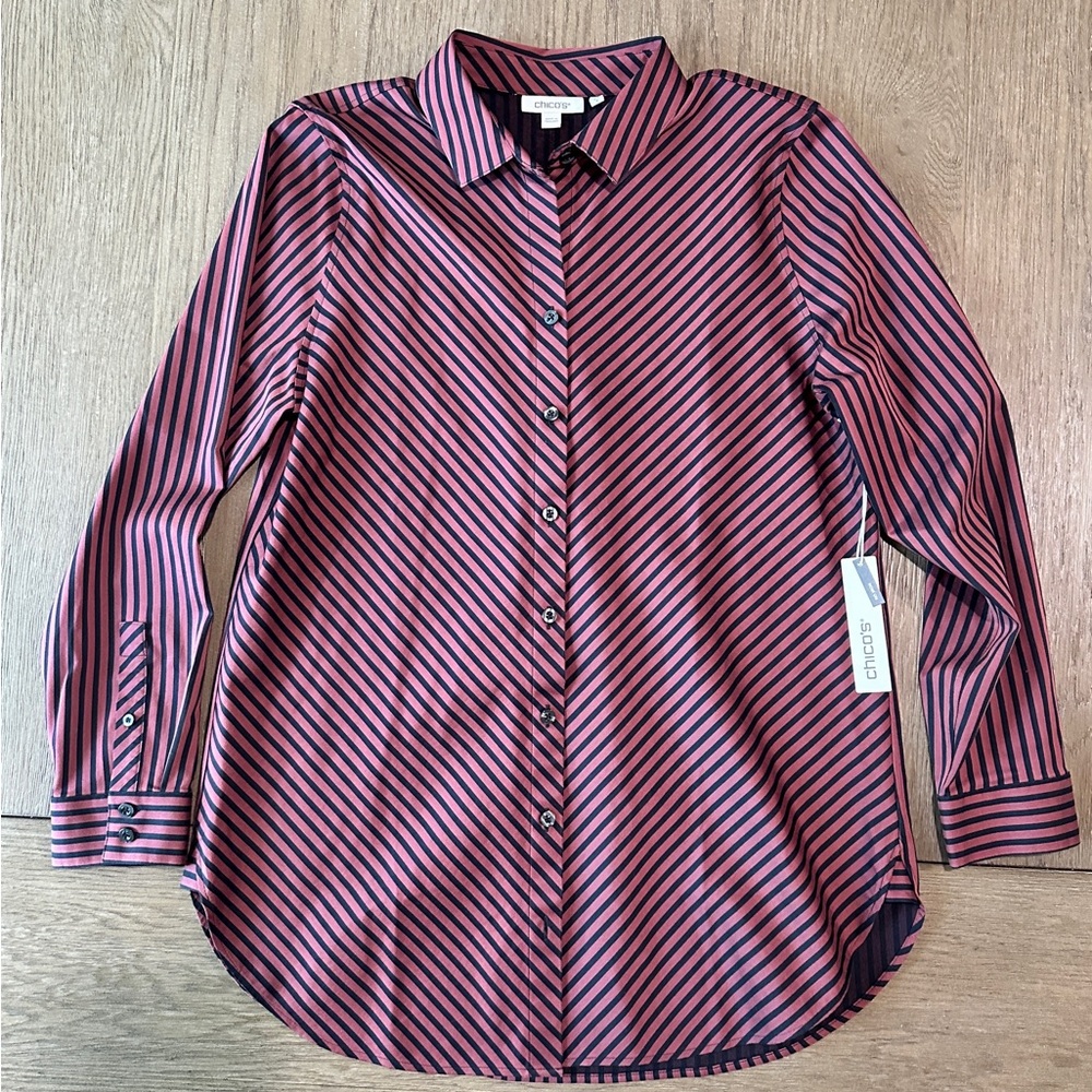 Chicos No Iron Button Down Blouse Size 1/U.S. 8 Maroon and Black strip - Picture 3 of 8